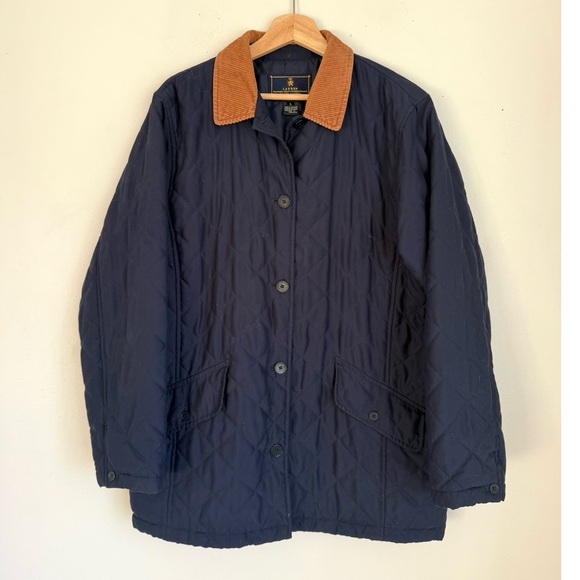 Ralph Lauren Heritage Quilted Barn Coat in Navy Blue with Corduroy Collar - Picture 2 of 6